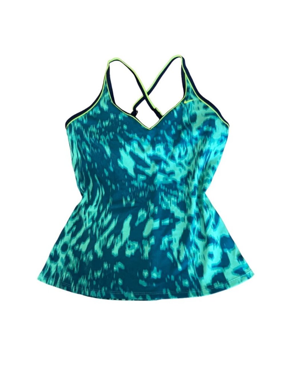 Nike Teal & Electric Lime Abstract Tankini Top | Y2K 2000s Swimsuit Top M